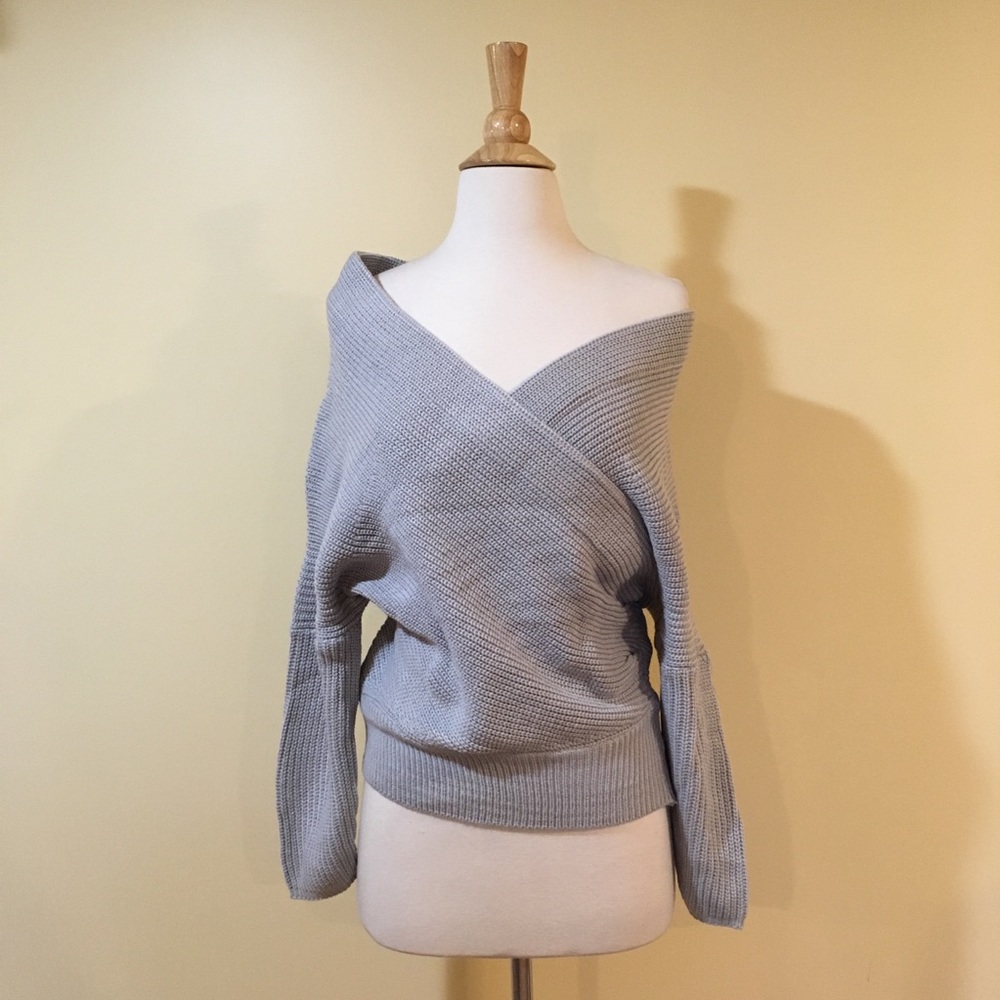 Cross Front V Neck Chunky Knit Slouchy Sweater - Picture 7 of 8